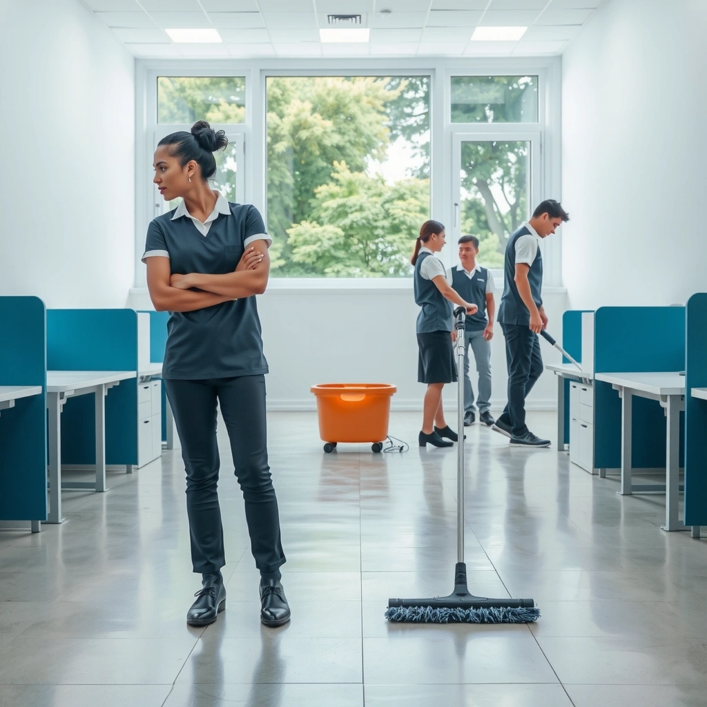 Professional cleaning service team working in a modern office environment